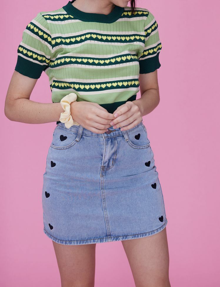 Heart Print Y2K Denim Skirt - Cute Grunge Aesthetic with Coquette Style Vibes
