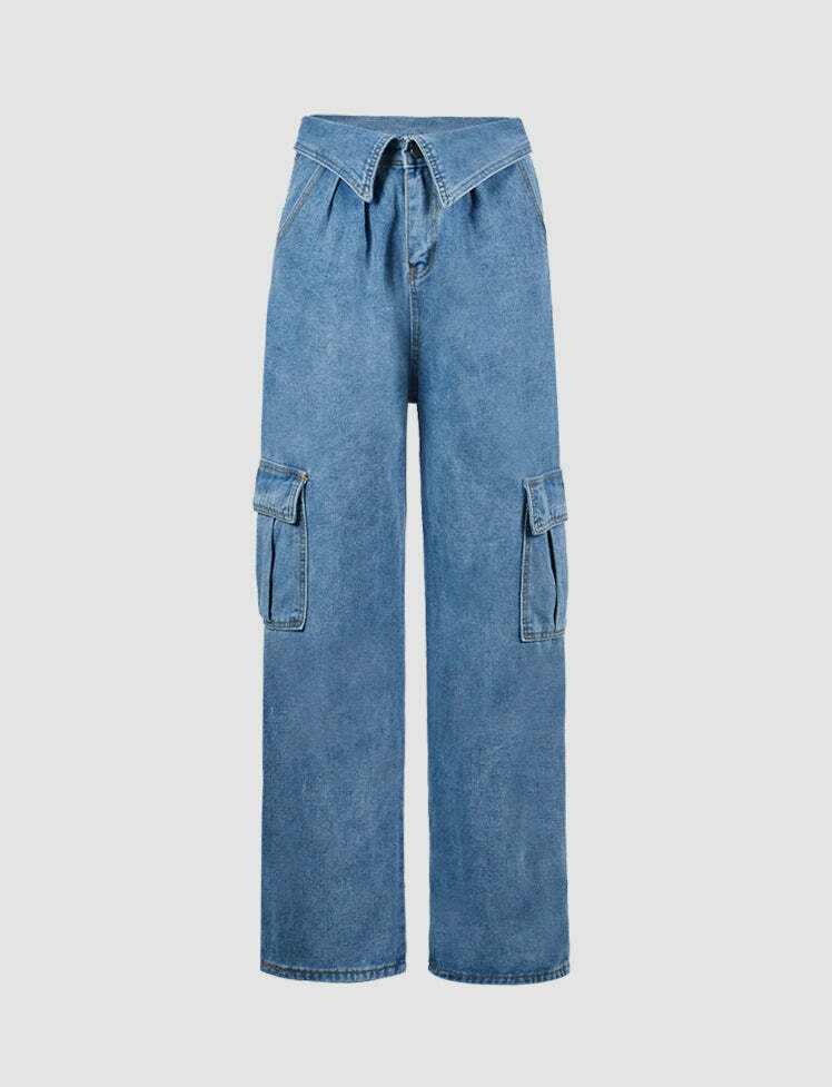 High-Waisted Denim Jeans with Shawl Neck - Y2K Aesthetic, Grunge Style, and Comfy Fit