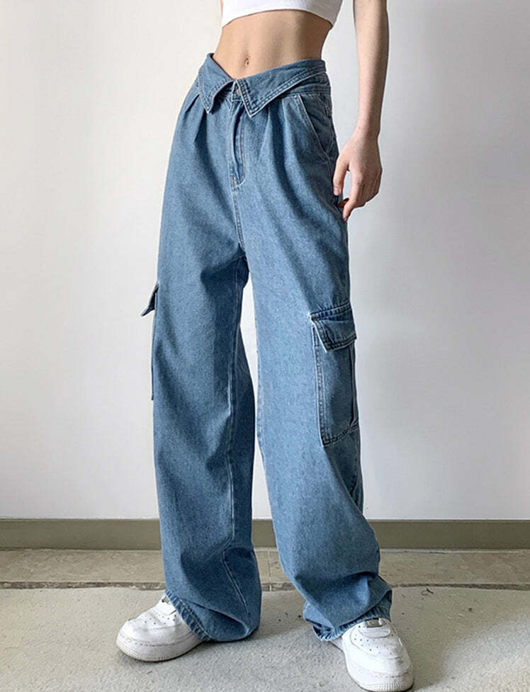 High-Waisted Denim Jeans with Shawl Neck - Y2K Aesthetic, Grunge Style, and Comfy Fit