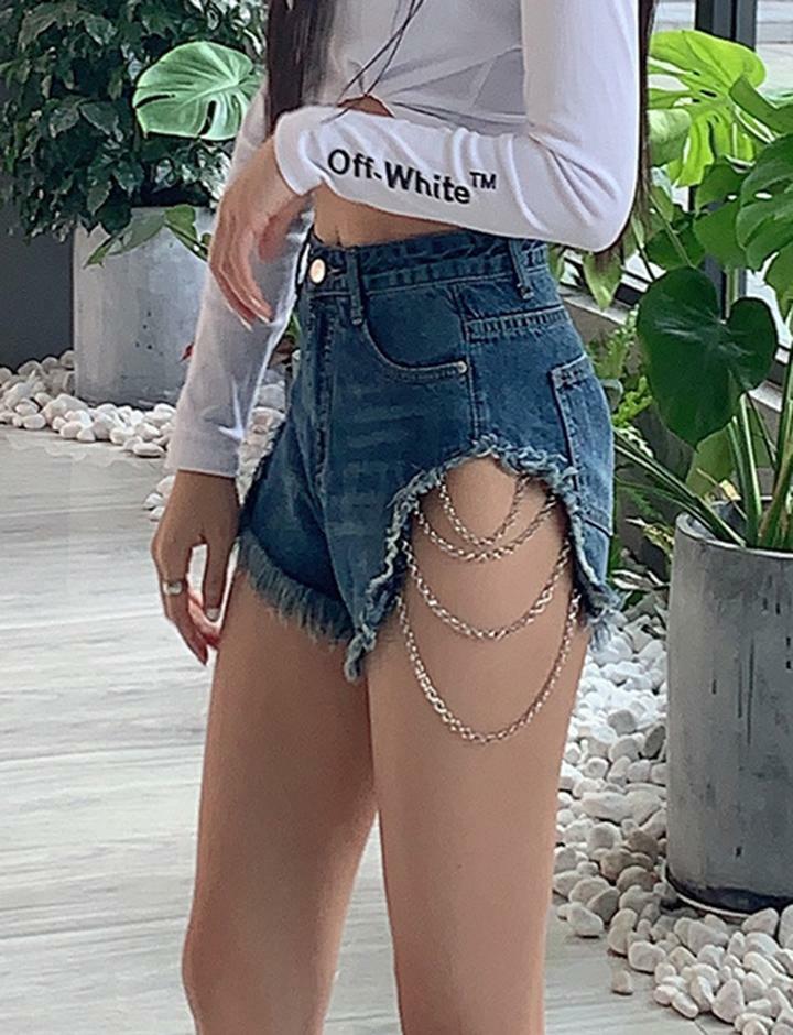 High-Waisted Ripped Pocket Chain Shorts - Y2K Grunge Aesthetic Denim for Trendy Outfits
