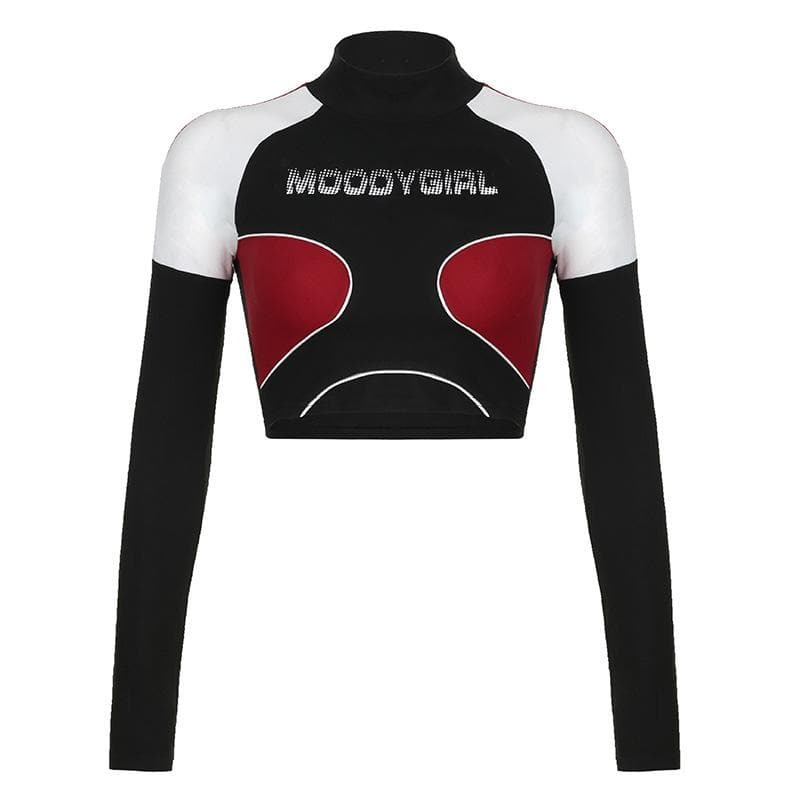 High Neck Contrast Long Sleeve 'MOODYGIRL' Y2K Aesthetic Crop Top for Grunge & Coquette Styles