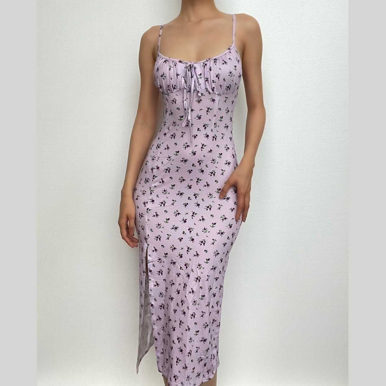 High Slit Floral Heart Neck Ruched Dress - Y2K Aesthetic, Coquette Style, Cute & Comfy