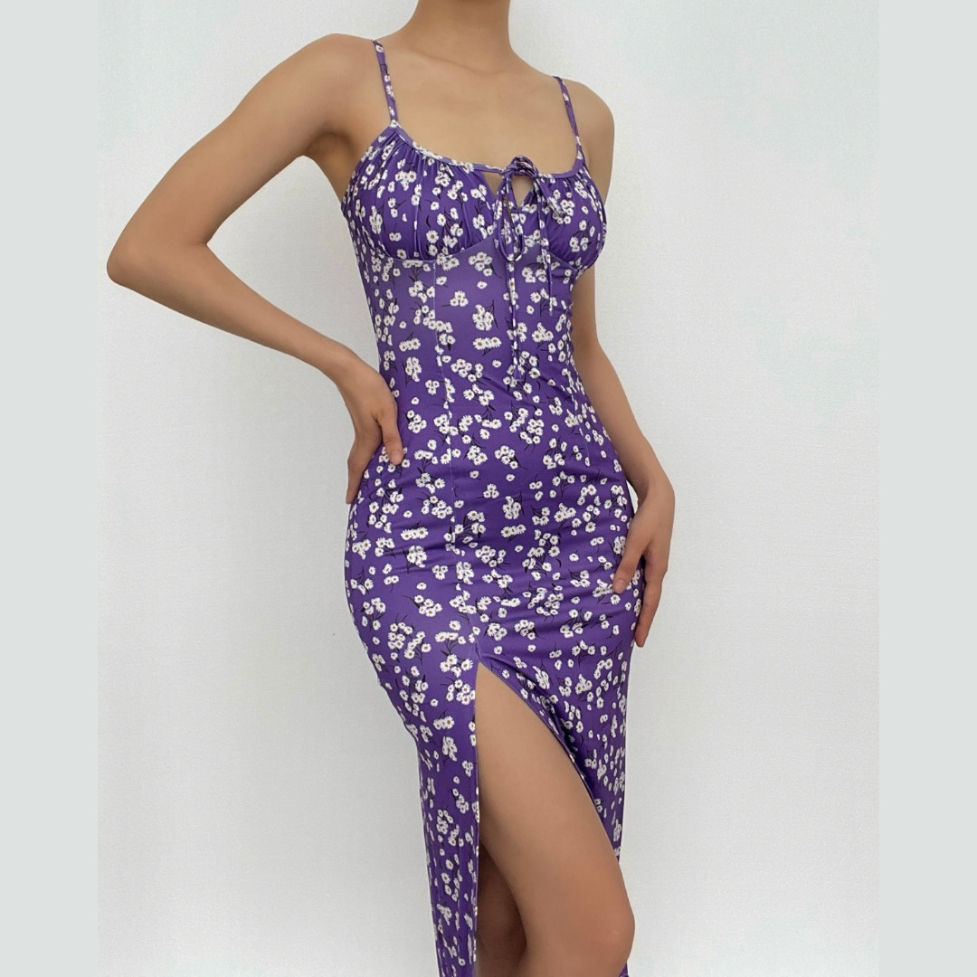 High Slit Floral Heart Neck Ruched Dress - Y2K Aesthetic, Coquette Style, Cute & Comfy