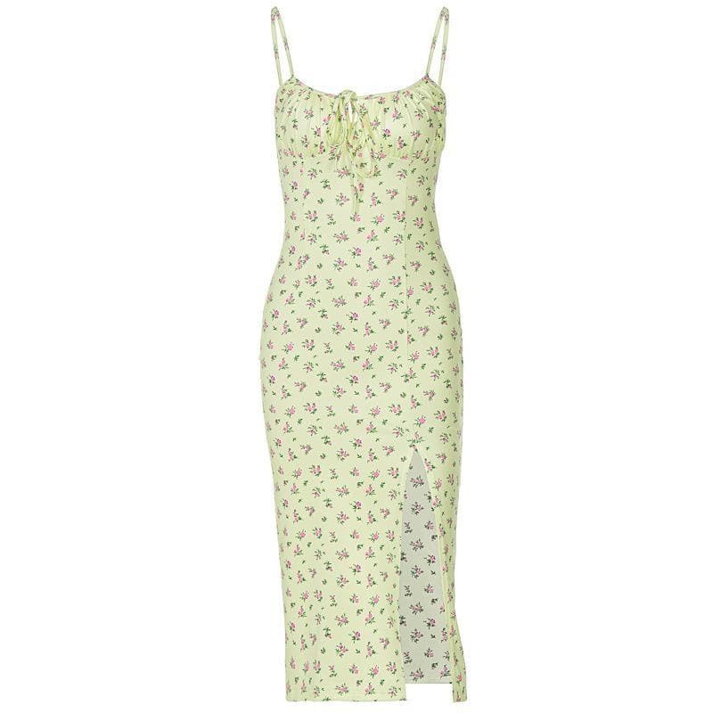High Slit Floral Heart Neck Ruched Dress - Y2K Aesthetic, Coquette Style, Cute & Comfy
