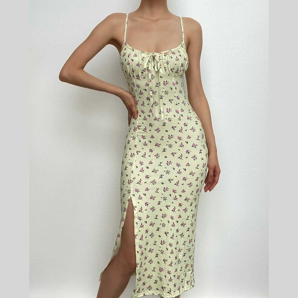 High Slit Floral Heart Neck Ruched Dress - Y2K Aesthetic, Coquette Style, Cute & Comfy