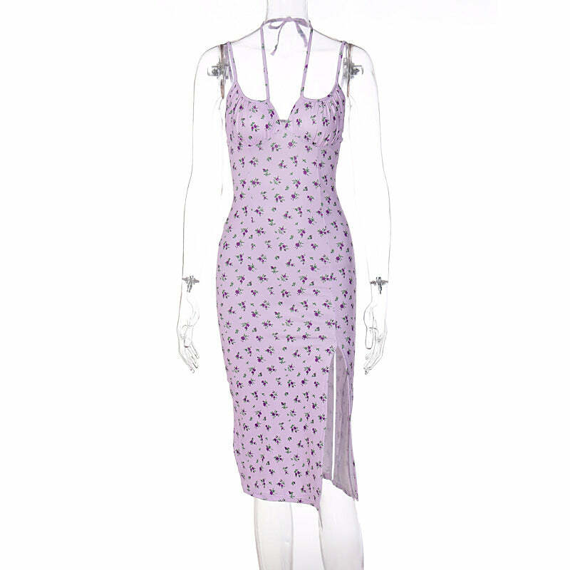 High Slit Floral Heart Neck Ruched Dress - Y2K Aesthetic, Coquette Style, Cute & Comfy