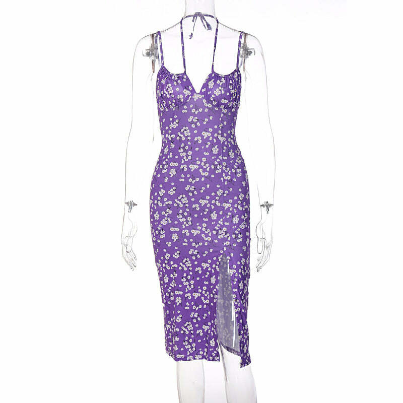 High Slit Floral Heart Neck Ruched Dress - Y2K Aesthetic, Coquette Style, Cute & Comfy