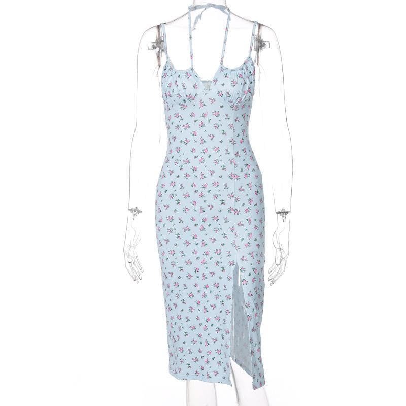 High Slit Floral Heart Neck Ruched Dress - Y2K Aesthetic, Coquette Style, Cute & Comfy