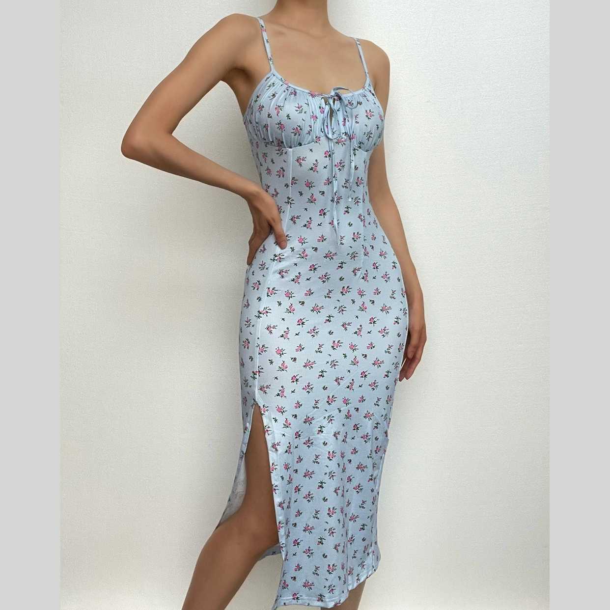 High Slit Floral Heart Neck Ruched Dress - Y2K Aesthetic, Coquette Style, Cute & Comfy