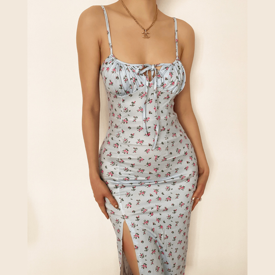 High Slit Floral Heart Neck Ruched Dress - Y2K Aesthetic, Coquette Style, Cute & Comfy