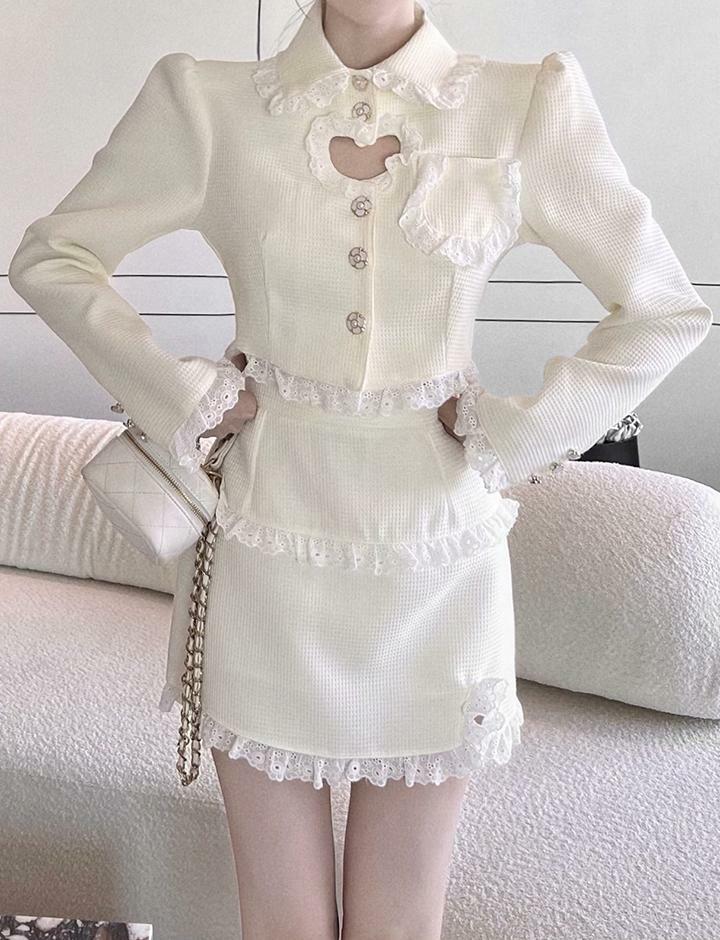 Hollow Doll Collar Short Coat & High Waist Skirt Y2K Aesthetic Two Piece Set
