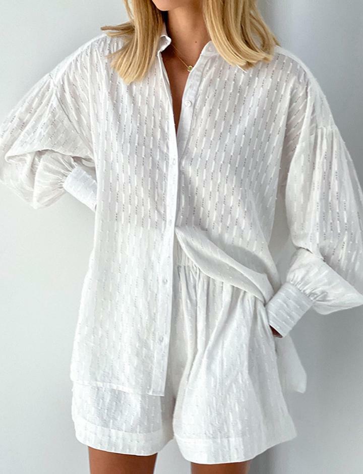 Hollow Jacquard Y2K Aesthetic Long-Sleeved Shirt & Shorts Set for Coquette & Grunge Styles
