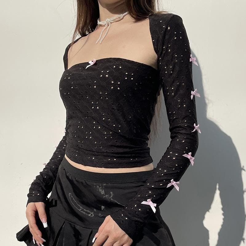 Hollow Out Bowknot Contrast Long Sleeve Shrug & Tube Cut Out Top - Y2K Coquette Aesthetic