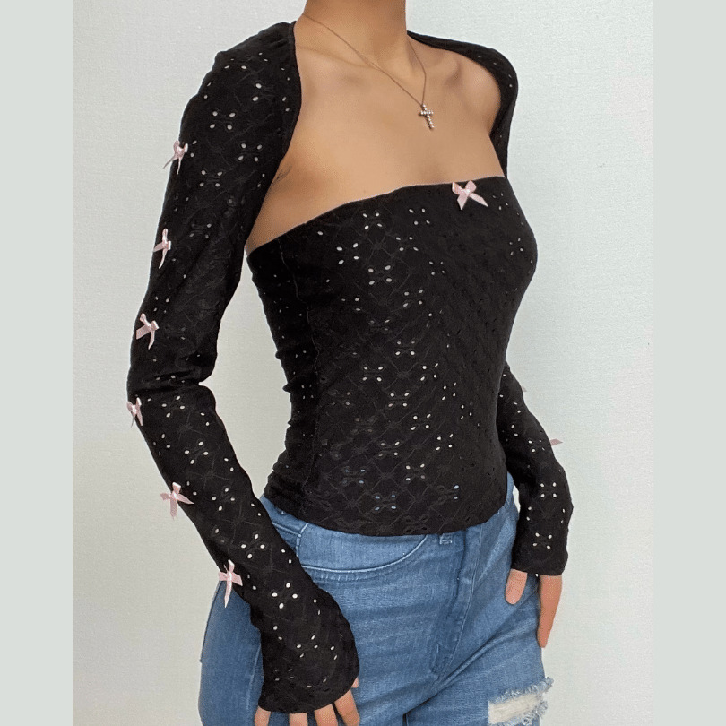 Hollow Out Bowknot Contrast Long Sleeve Shrug & Tube Cut Out Top - Y2K Coquette Aesthetic