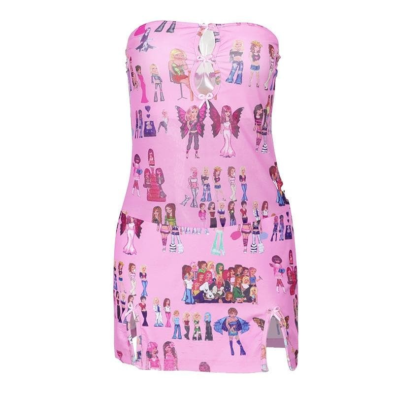 Hollow Out Bowknot Print Slit Tube Cut-Out Mini Dress - Y2K Coquette & Grunge Aesthetic