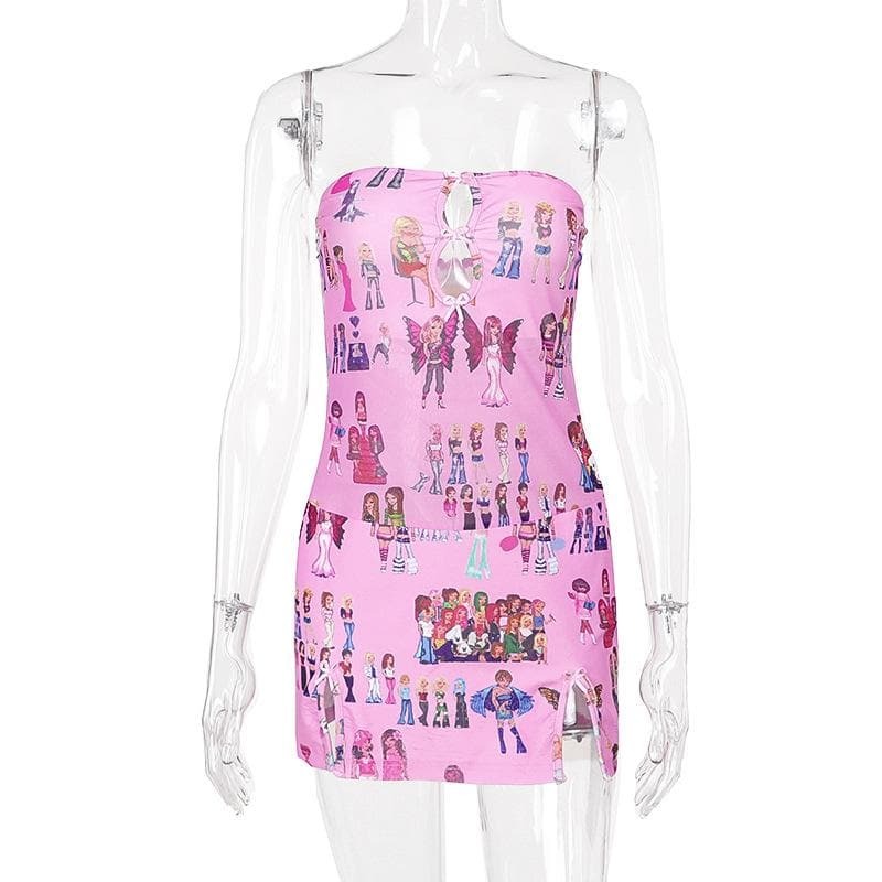 Hollow Out Bowknot Print Slit Tube Cut-Out Mini Dress - Y2K Coquette & Grunge Aesthetic