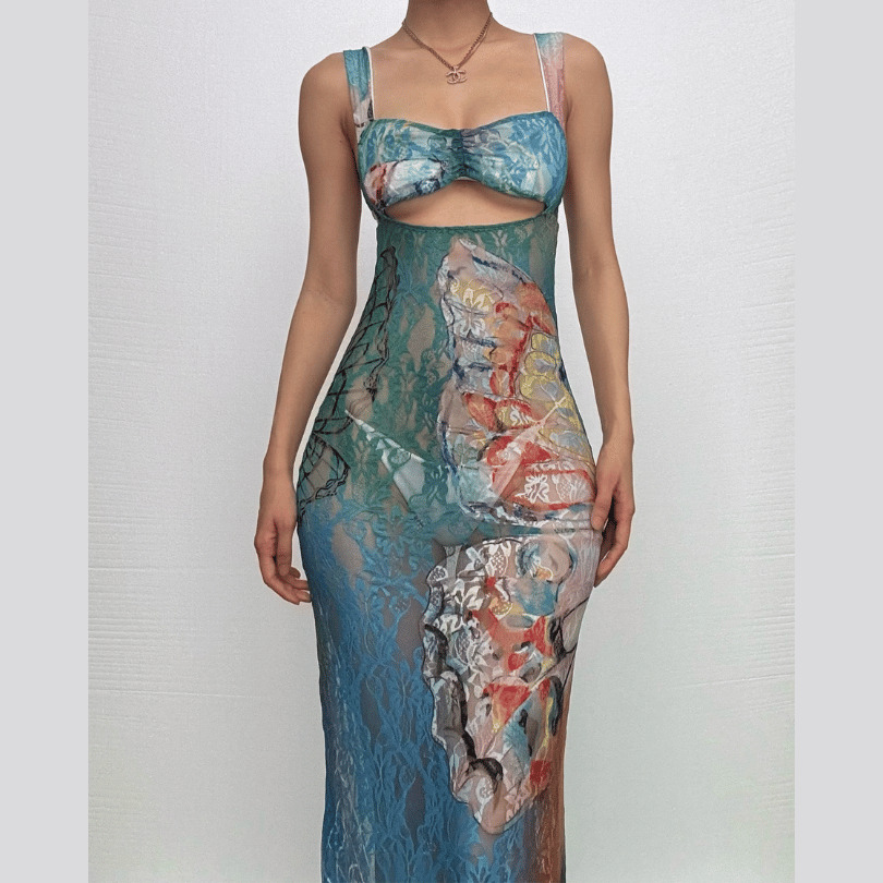 Hollow Out Butterfly Lace Tie Dye Cut-Out Maxi Dress - Y2K Coquette Aesthetic Fashion