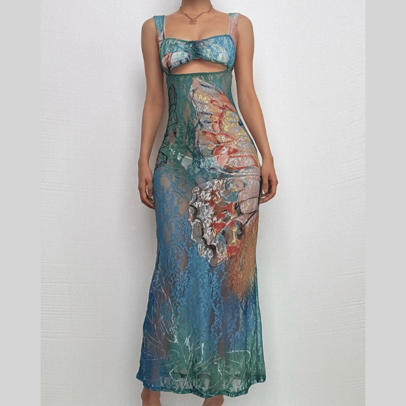 Hollow Out Butterfly Lace Tie Dye Cut-Out Maxi Dress - Y2K Coquette Aesthetic Fashion