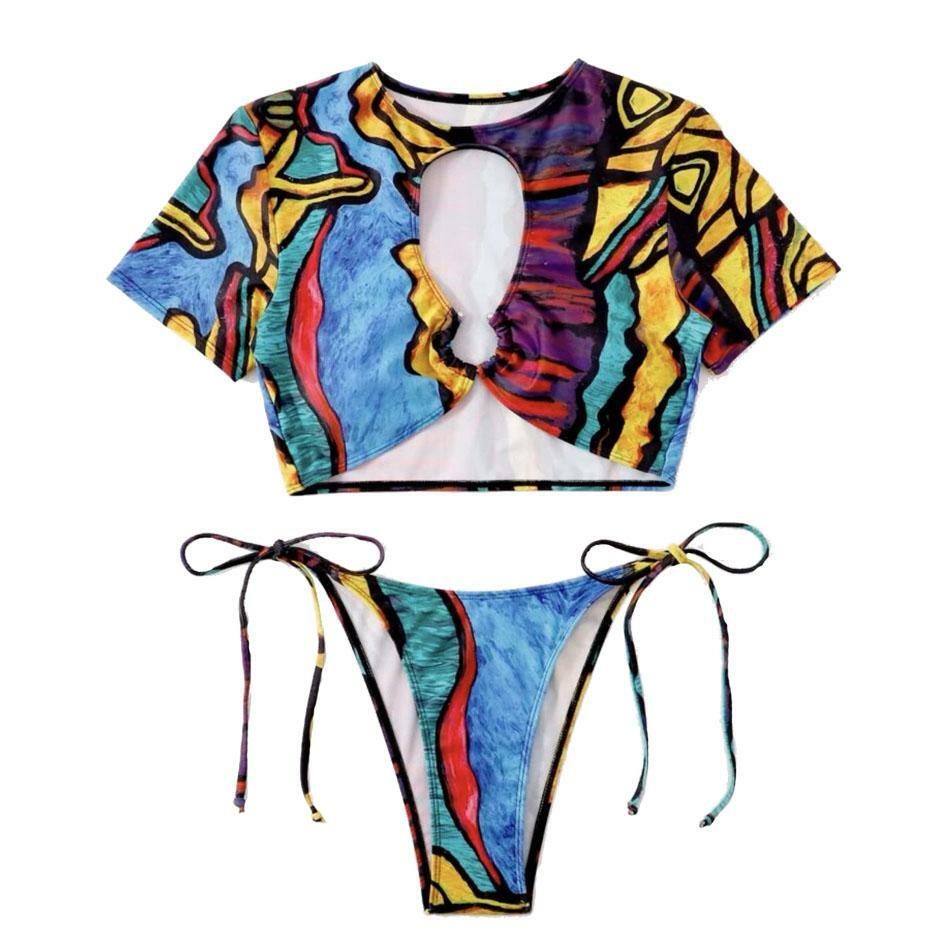 Hollow Out Contrast O-Ring Crop Top & Self-Tie Bikini Set for Y2K & Coquette Aesthetic