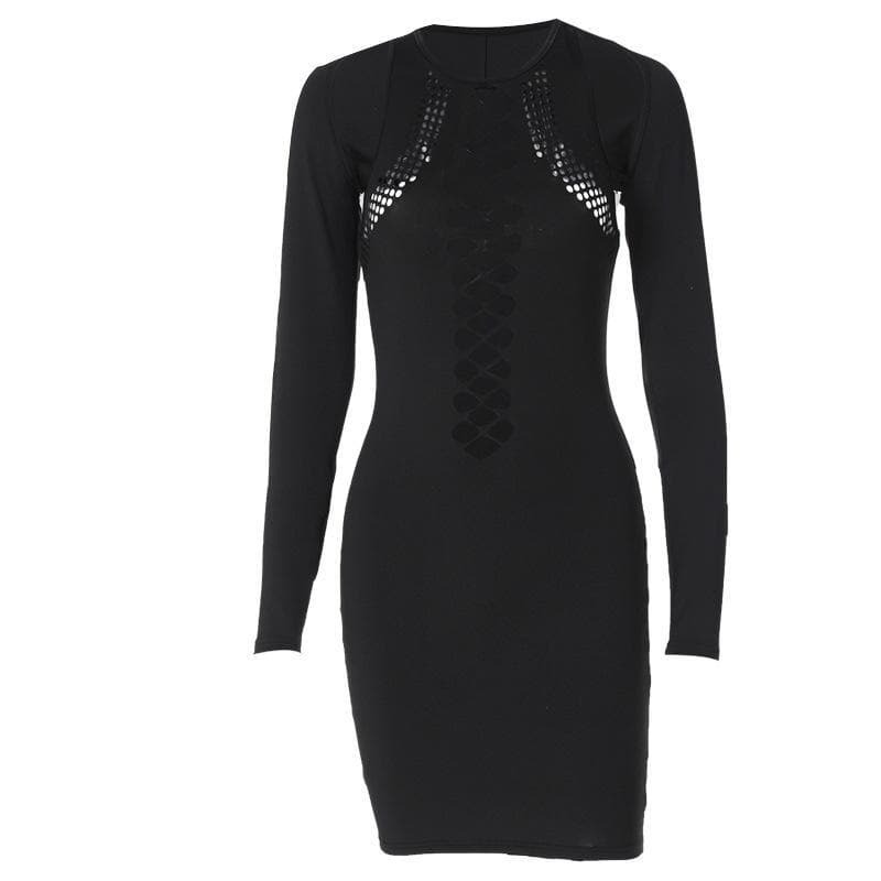 Hollow Out Crewneck Long Sleeve Cut-Out Mini Dress - Y2K Grunge Aesthetic Fashion