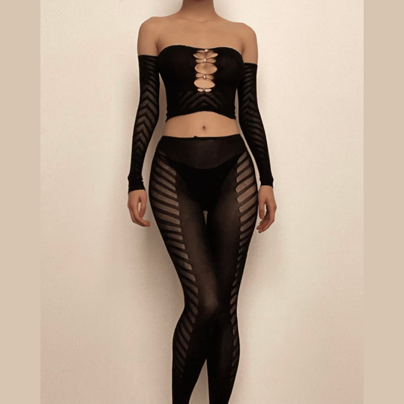 Hollow Out Fishnet Off-Shoulder Beaded Long Sleeve Y2K Aesthetic Pant Set for Trendy Looks
