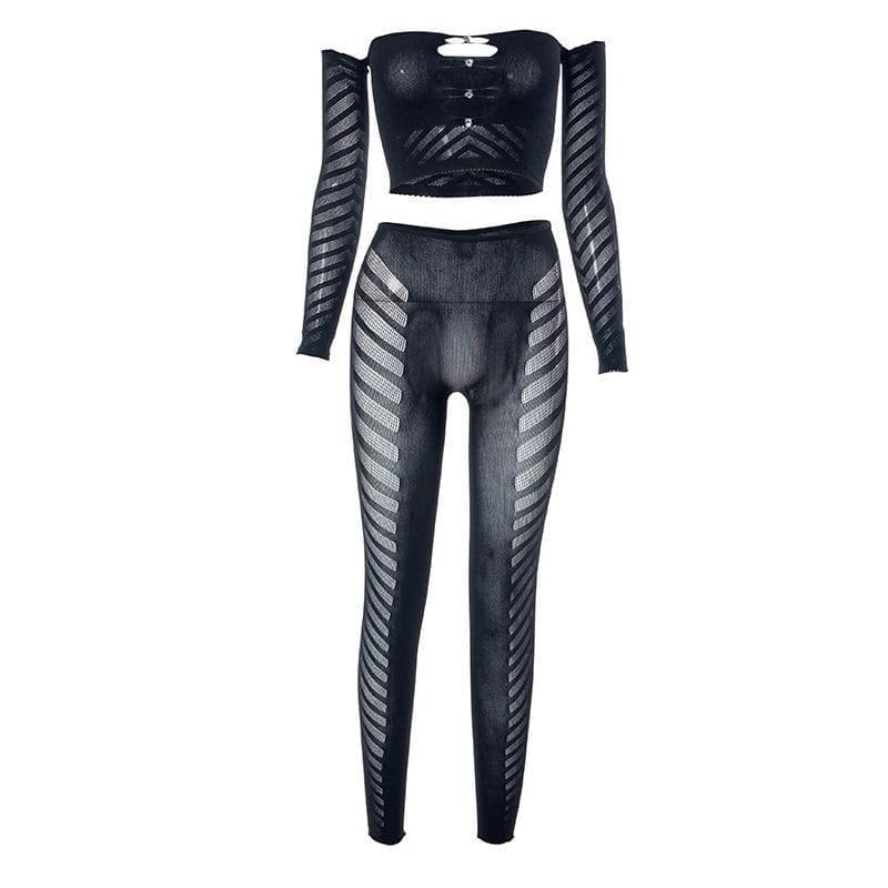 Hollow Out Fishnet Off-Shoulder Beaded Long Sleeve Y2K Aesthetic Pant Set for Trendy Looks