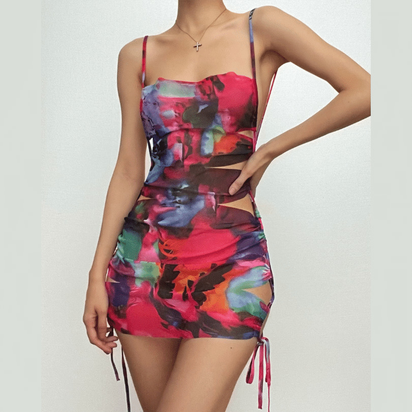 Hollow Out Flower Print Contrast Cami Mini Dress - Y2K Aesthetic Cut-Out Style