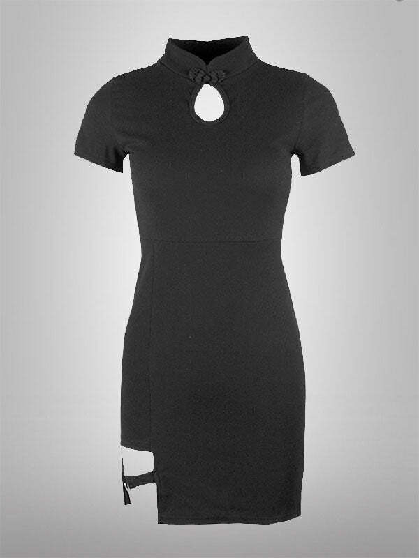 Hollow Out Front Belted Dress with Leg Split - Y2K Aesthetic & Grunge Style Fashion
