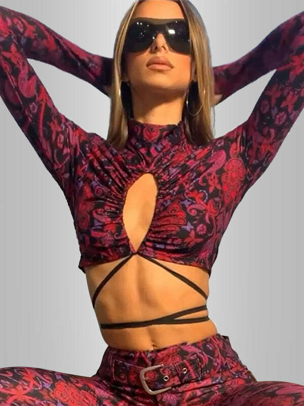 Hollow Out Front Belted Top - Y2K Fashion, Coquette Aesthetic, Cute Crop Top, Grunge Style