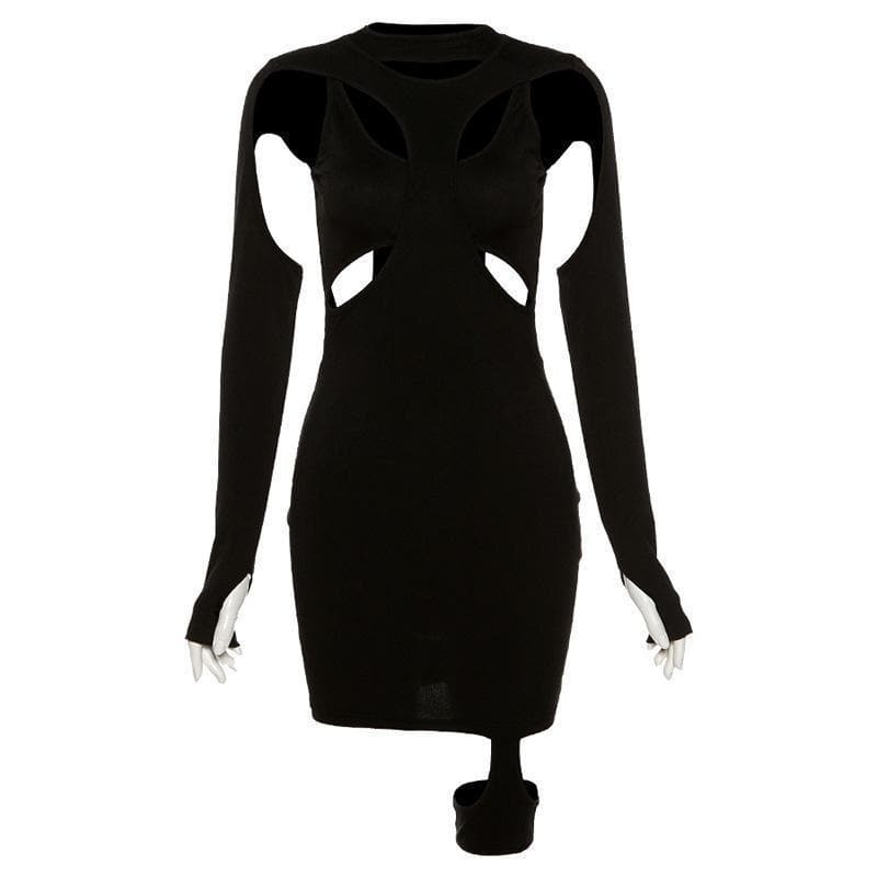 Hollow Out Irregular Long Sleeve Crewneck Mini Dress - Y2K Grunge & Coquette Aesthetic