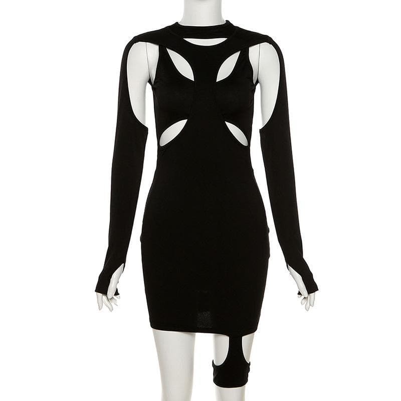 Hollow Out Irregular Long Sleeve Crewneck Mini Dress - Y2K Grunge & Coquette Aesthetic