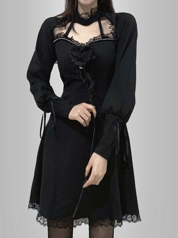 Hollow Out Lace Trim Gothic Dress - Y2K Grunge Aesthetic, Coquette Style, Cute Gothic Fashion