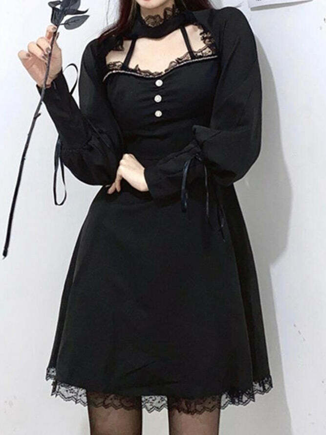 Hollow Out Lace Trim Gothic Dress - Y2K Grunge Aesthetic, Coquette Style, Cute Gothic Fashion