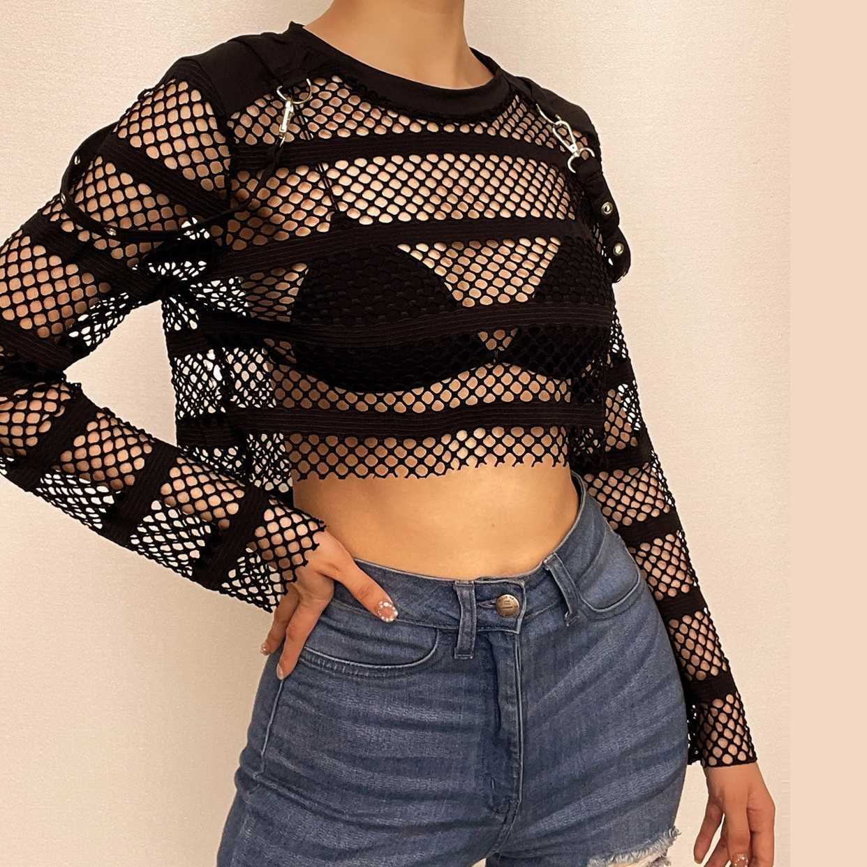 Hollow Out Long Sleeve Fishnet Buckle Crop Top - Y2K Grunge Aesthetic Cut-Out Style