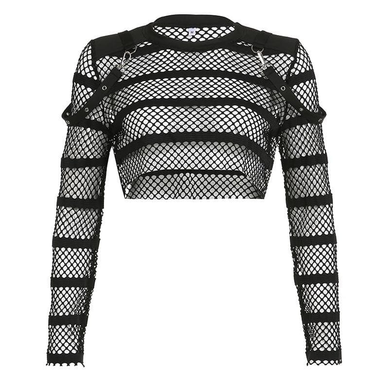 Hollow Out Long Sleeve Fishnet Buckle Crop Top - Y2K Grunge Aesthetic Cut-Out Style