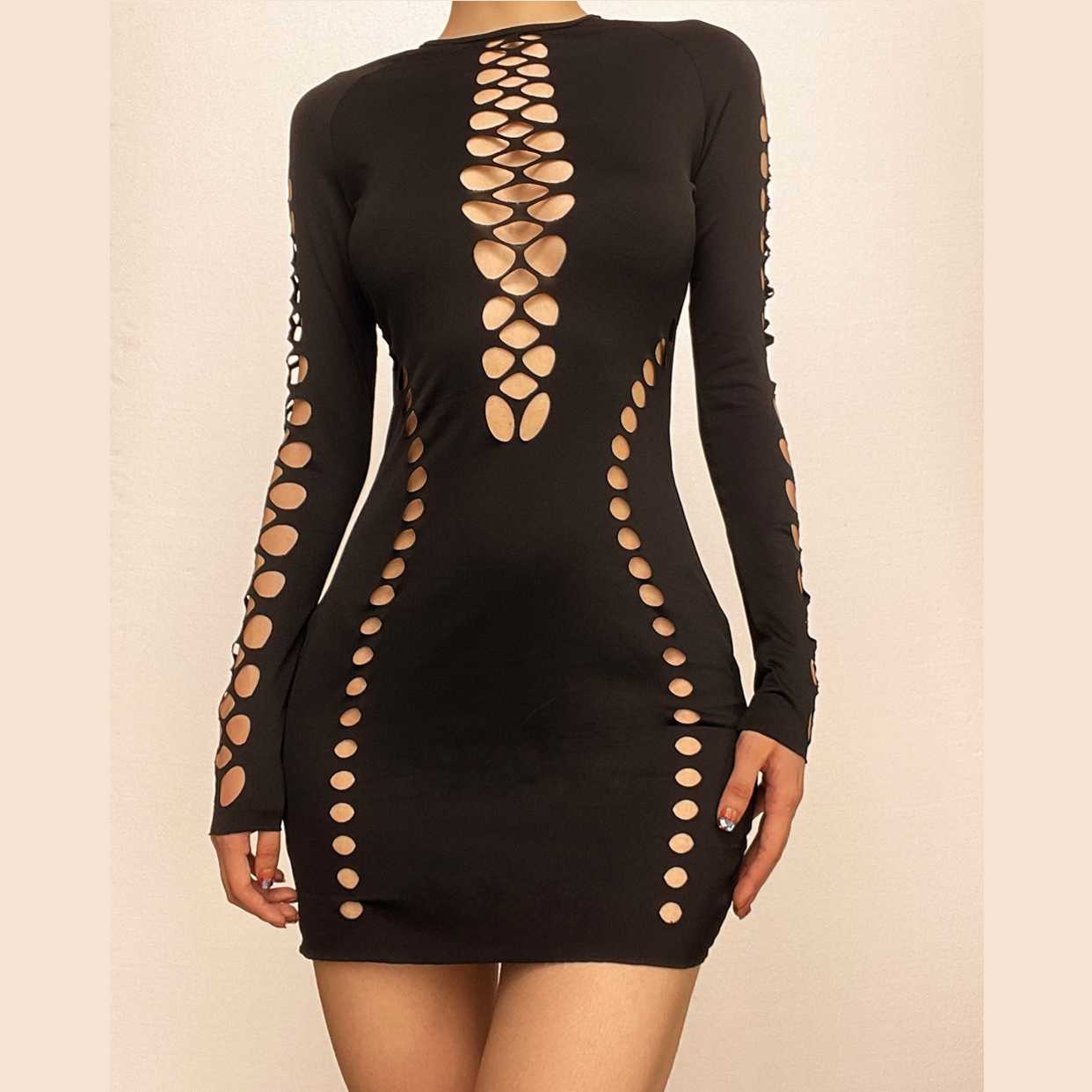 Hollow Out Long Sleeve Mini Dress - Y2K Aesthetic Cut-Out Style for Grunge & Coquette Vibes