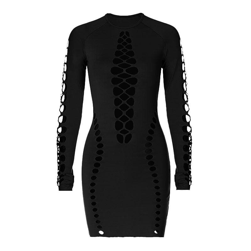 Hollow Out Long Sleeve Mini Dress - Y2K Aesthetic Cut-Out Style for Grunge & Coquette Vibes