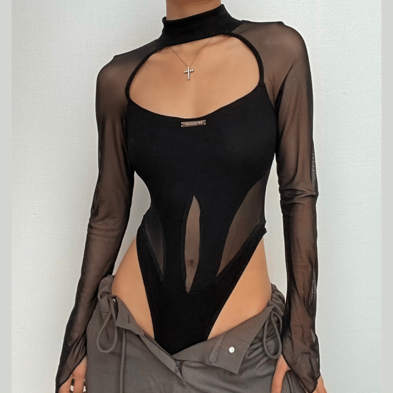 Hollow Out Mesh Patchwork Long Sleeve Contrast Bodysuit - Y2K Grunge Aesthetic Top