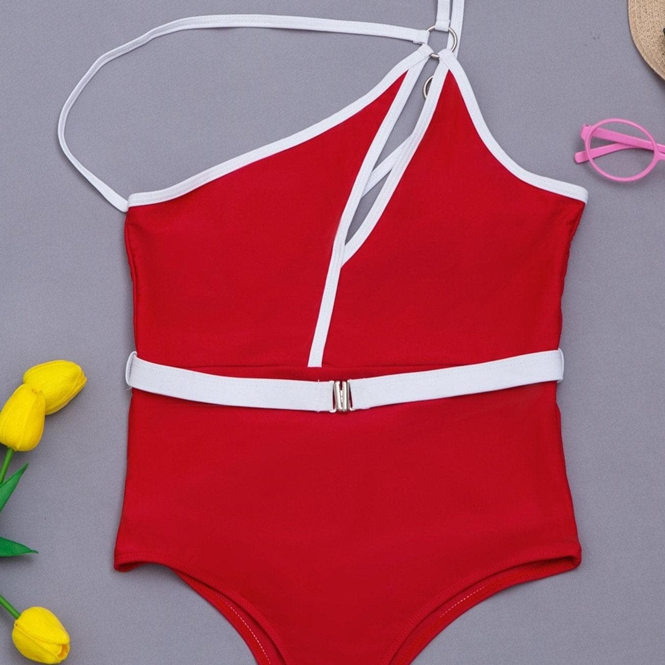 Hollow Out One Shoulder Backless Y2K Swimwear with Belt - Trendy Coquette & Grunge Aesthetic