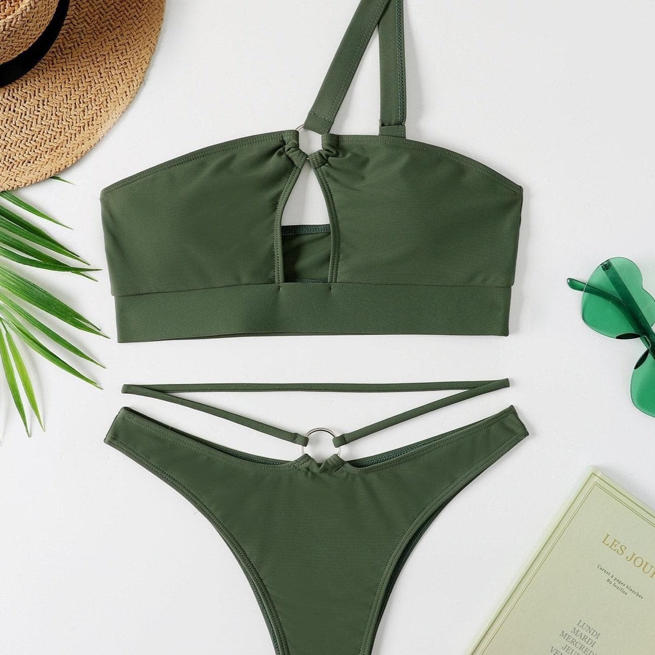 Hollow Out One Shoulder High Waisted Y2K Bikini Set - Cute Pastel Goth Swimwear