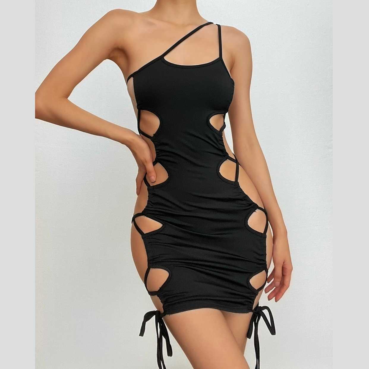 Hollow Out One Shoulder Lace-Up Mini Dress - Y2K Aesthetic Cut-Out Style for Trendy Looks