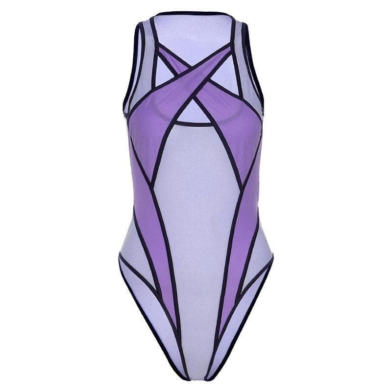 Hollow Out Patchwork Mesh See-Through Bodysuit - Y2K Grunge Aesthetic Cute Top