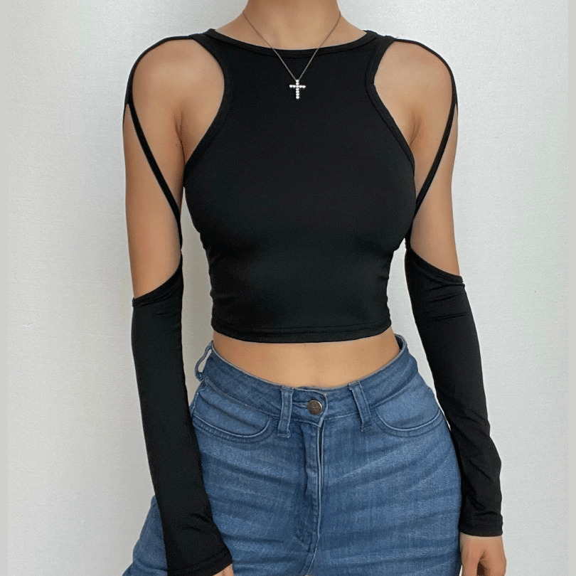 Hollow Out Solid Long Sleeve Crewneck Crop Top - Y2K Fashion, Grunge Aesthetic, Cute Style