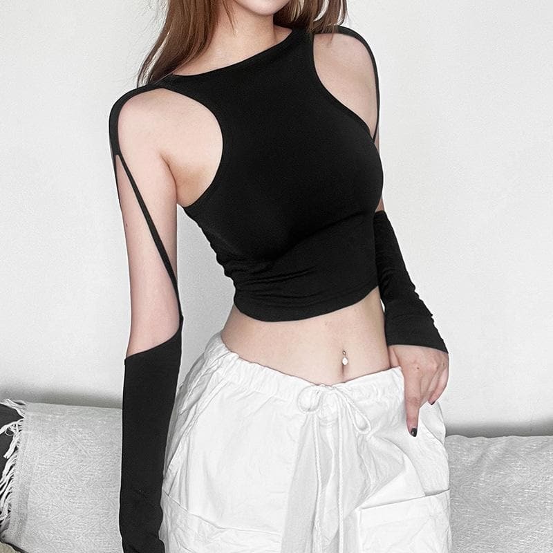 Hollow Out Solid Long Sleeve Crewneck Crop Top - Y2K Fashion, Grunge Aesthetic, Cute Style