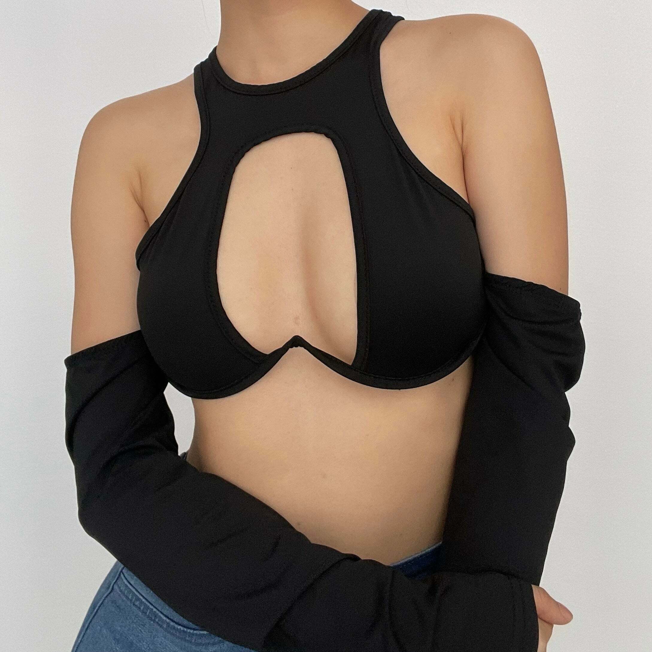 Hollow Out Solid Round Neck Low Cut Crop Top - Y2K Grunge Aesthetic Cute Top for Stylish Looks
