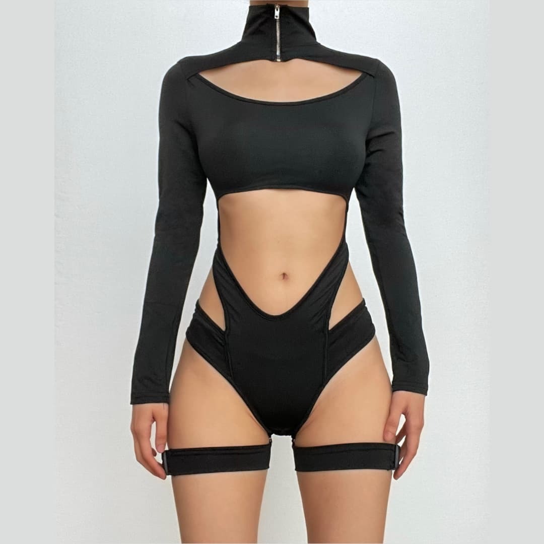 Hollow Out Zip-Up Long Sleeve Bodysuit - Y2K Grunge Aesthetic with Cute Coquette Style