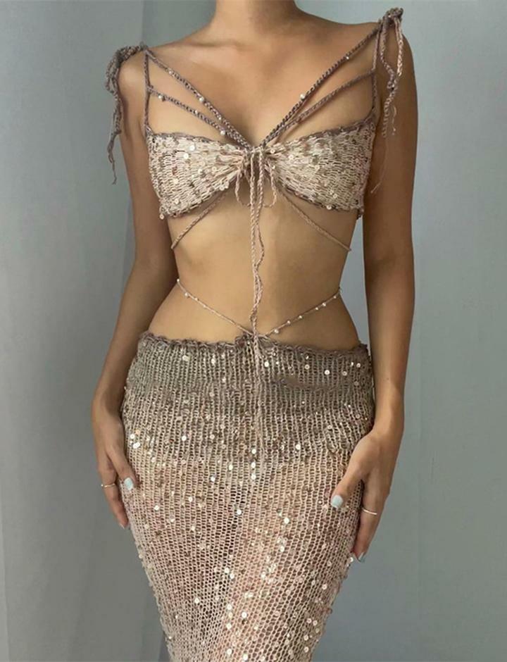 Hollow Sequin Beaded Strappy Vest & Sheer Dress Set - Y2K Coquette Aesthetic Outfit