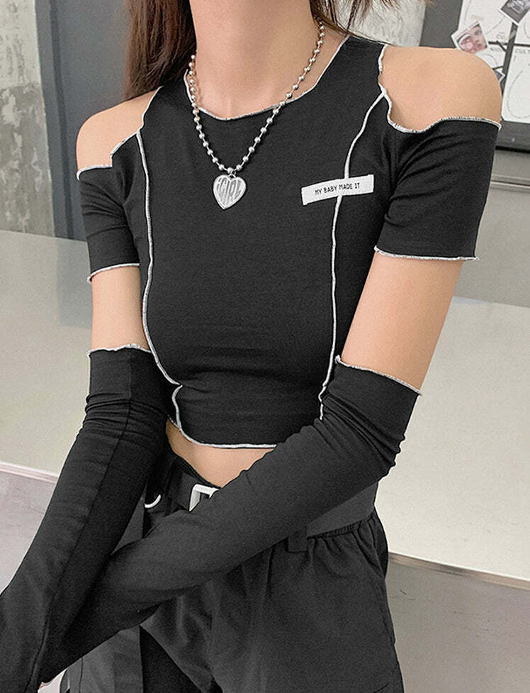 Hollow Shoulder Y2K Top - Cute Grunge Aesthetic Crop Top for Coquette & Pastel Goth Styles