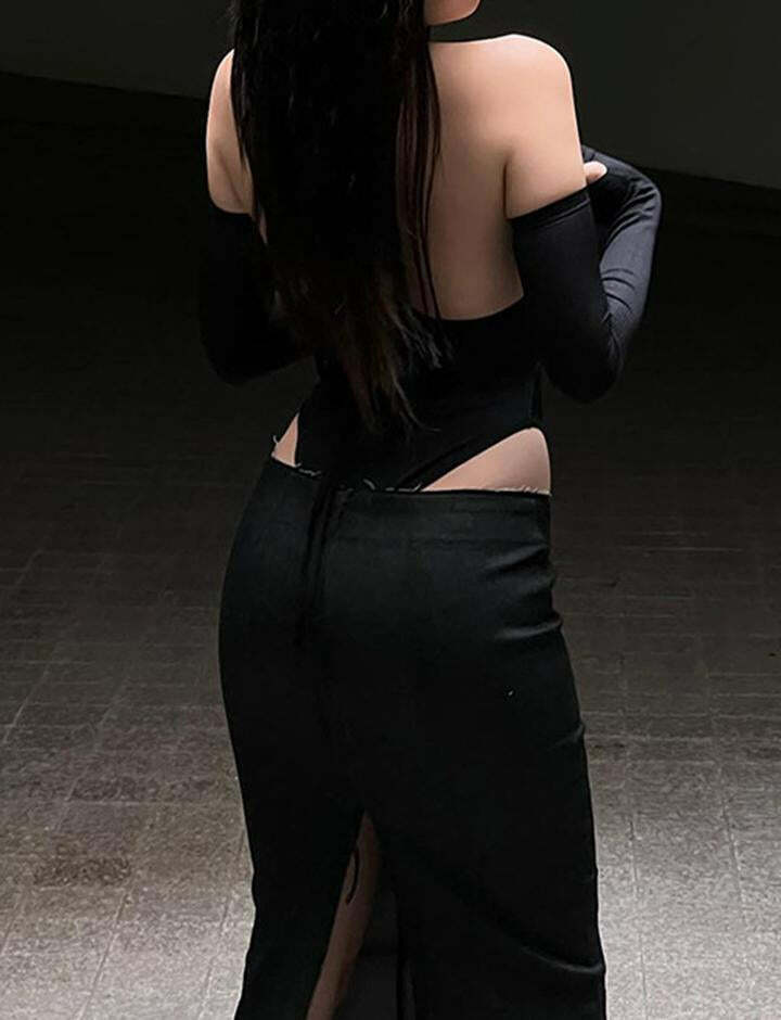 Hollow Split Sleeve Irregular Bodysuit - Y2K Aesthetic Top for Coquette & Grunge Styles