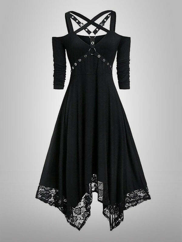 Irregular Lace Hem Mid Sleeve Dress - Y2K Aesthetic, Coquette Style, Cute & Comfy Fashion
